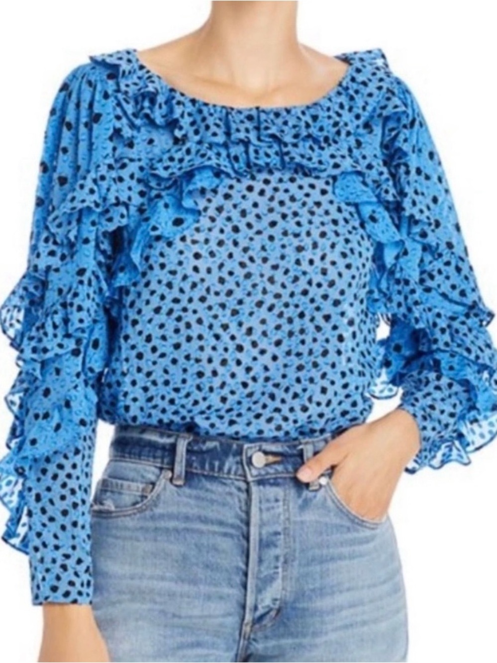 REBECCA TAYLOR Blue Ruffled Polka Dot top size 8